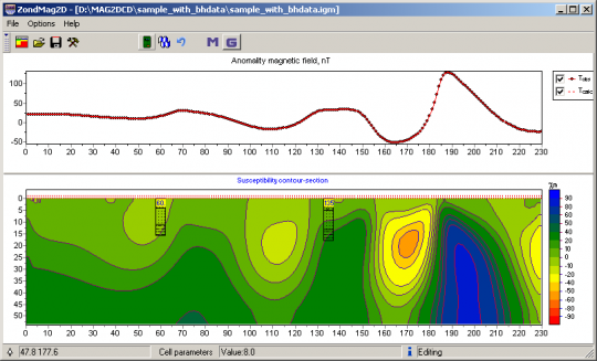 Result of 2D magnetic data inversion in ZondMAG2D